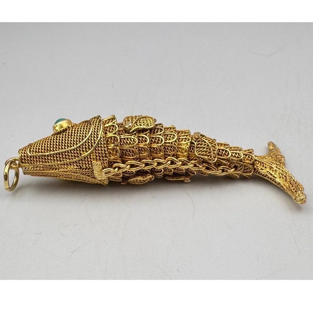 Vintage Chinese Export Silver Vermeil Articulated Koi Fish Pendant Turquoise Eye
